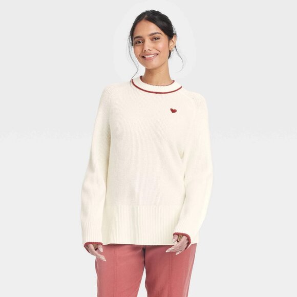 XL - Womens Red Heart Crewneck Pullover Sweater - A New Day - Cream - Picture 7 of 7